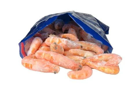 Frozen shrimp in package Stock Photos