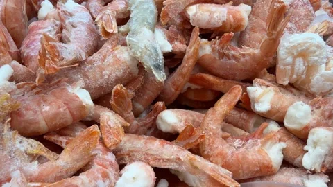 Frozen shrimp pieces with visible shells and white ice crystals fill frame,.. Stock Footage 348006062