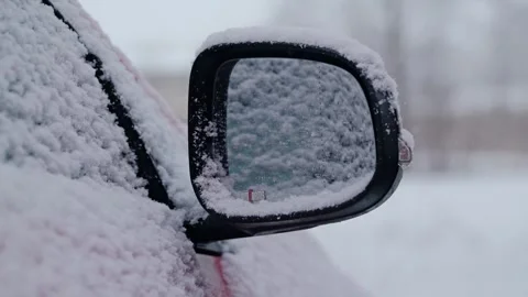 Frozen Side Mirror Covered in Snow - Cold Winter Driving Across Northern Europe Stock Footage 346016605