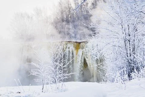 Frozen small mountain waterfall close up. Frozen Jagala Falls, Estonia Stock Photos