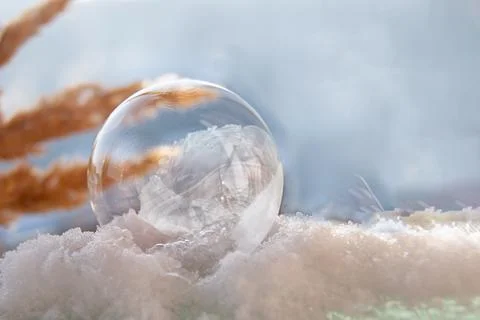 Frozen soap bubble with a beautiful pattern on the snow close-up on a blurry Stock Photos