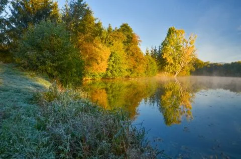 Frozen spider web during calm autumn morning near by lake with colorful trees Stock Photos