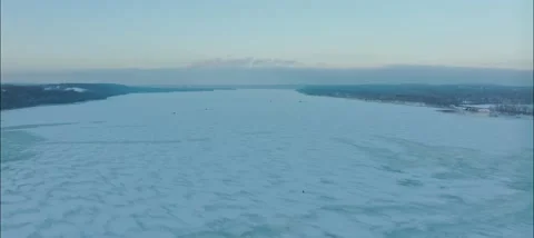 Frozen St. Croix River In Hudson Wisconsin - Evening Aerial View Video stock 229760725