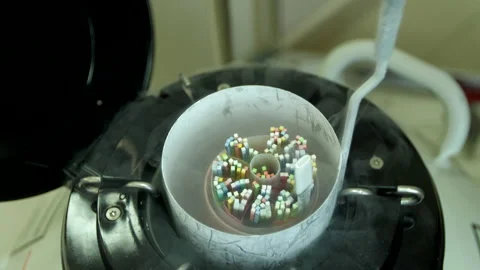Frozen stem cells in containers removed from a nitrogen barrel Stock Footage 143949586