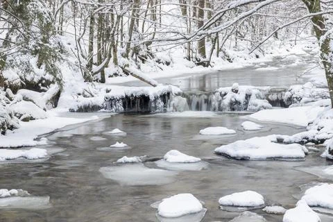 A frozen stream in a forest Stock Photos
