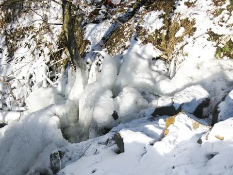 Frozen stream in winter mountains Stock Photos