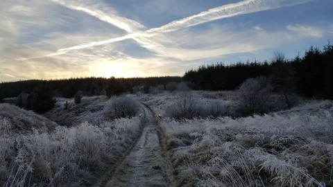 Frozen track in fields with clouds, Scotland Stockfoto's