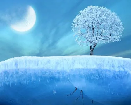 Frozen tree under moon Stock Illustration