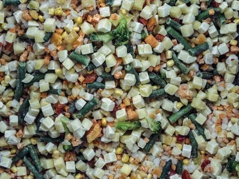Frozen vegetable mix in a fridge in the store Stock Photos