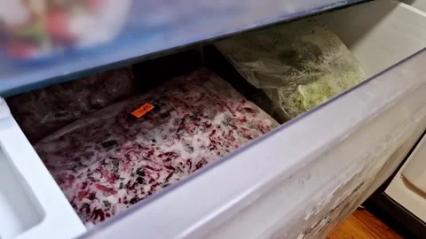 Frozen Vegetable Mix in Refrigerator Freezer Drawer Stock Footage 321646826