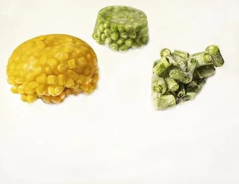 Frozen vegetables close-up on a white background Frozen corn , green peas Stock Photos