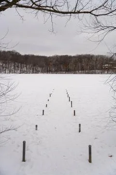 A frozen view of snow and trees at a local Minnesota park in winter. Stock Photos