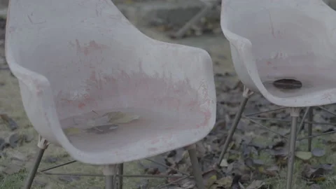 Frozen water in backyard chairs Video stock 226431693