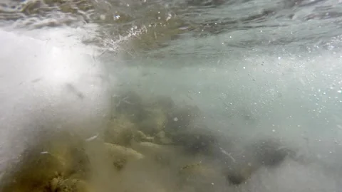 Frozen water holds ice sheets and cracks, with a winter stream - Ice Formation Stock Footage 339817749