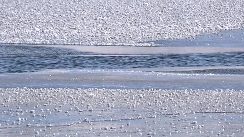 Frozen water surface holds ice sheets and cracks, winter stream or lake locked Stock Footage 339817910
