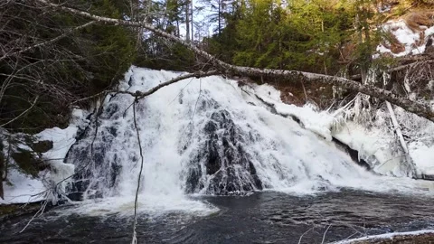 Frozen Waterfall Flyover in Winter in a Forest Stock Footage 305913944