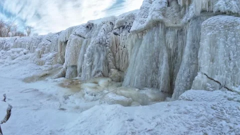 Frozen Waterfall Ice Wall With Snowy Path In Winter Landscape Stock Footage 329582584