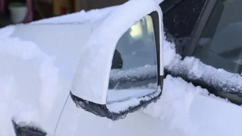Frozen White Car Side Mirror Covered In Thick Snow And Icicles In Winter Stock-Footage 329914813