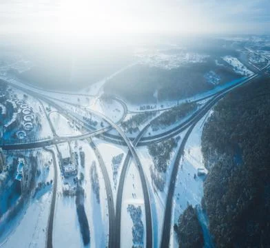 Frozen winter highway junction intersection, aerial panorama Stock Photos