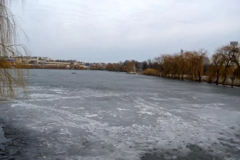 Frozen winter lake background Stock Photos