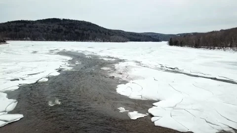 Frozen Winter River | Ice Flow | Vermont | 2.7K Drone Footage Stock Footage 171348054