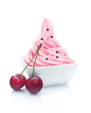 Frozen yoghurt dessert with a pair of cherries Stock Photos