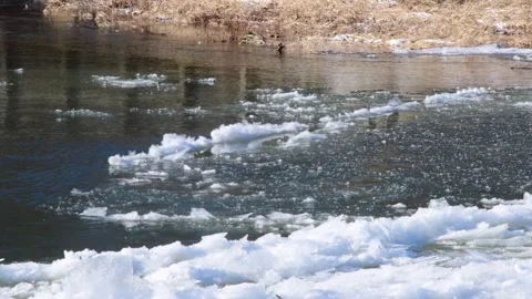 Frozieng over river floting ice down the stream close up 4k Stock Footage 262001863