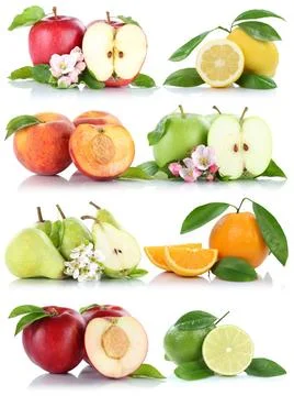 Früchte Apfel Orange Zitrone Nektarine Äpfel Orangen Collage Freisteller f. Stock Photos