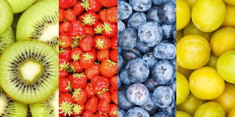 Früchte Frucht Collage Sammlung Hintergrund mit Erdbeeren Erdbeere Beeren .. Stock Photos