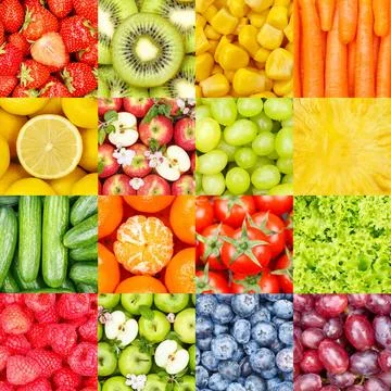 Früchte Frucht Obst und Gemüse Collage Sammlung Hintergrund mit Beeren Äpf Stock Photos