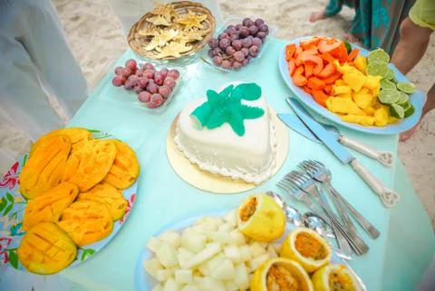 Fruit and aribbean style table for wedding ceremony celebration Stock Photos