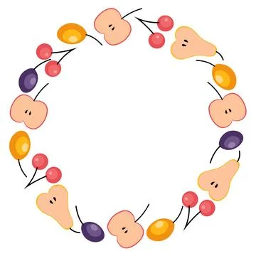 Fruit and berries circle frame. Apple slices, pear slices, cherry, plum Stock Illustration