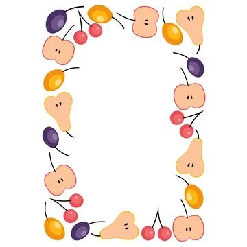 Fruit and berries rectangle frame. Apple slices, pear slices, cherry, plum Stock Illustration