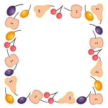 Fruit and berries square frame. Apple slices, pear slices, cherry, plum Stock Illustration