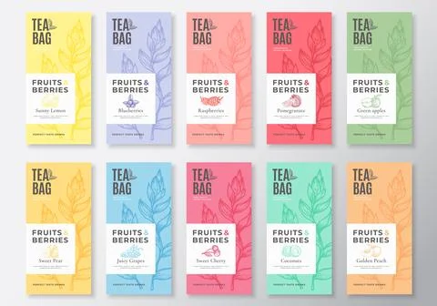 Fruit and Berries Tea Labels Collection. Abstract Vector Packaging Design Stock Illustration