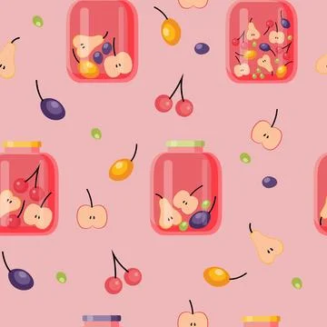 Fruit and berry background, seamless pattern. Homemade canned fruit compote.. Stock Illustration