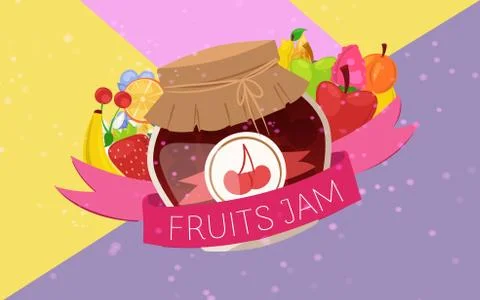 Fruit and berry Jam with rustic jar of jelly with paper cover and banner Stock Illustration