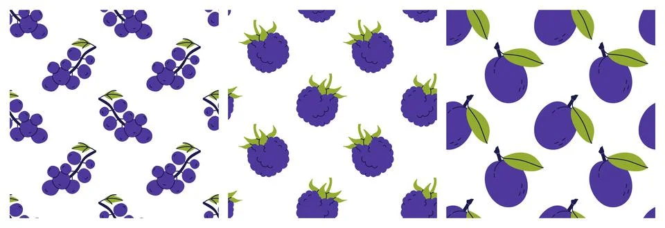 Fruit and berry seamless pattern bundle. Currant, blackberry and plum. Color Stock Illustration