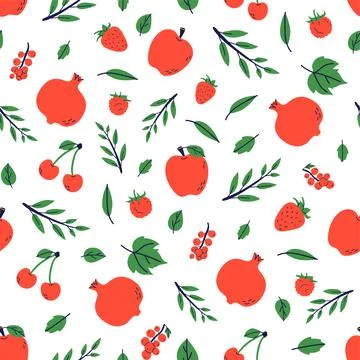 Fruit and berry seamless pattern. Garnet, strawberry and apple. Color illustr Stock Illustration