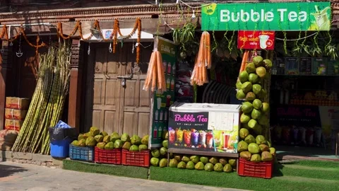 Fruit and Bubble Tea Shop Kathmandu at Basantapur Durbar Square Street, Nepal Stock Footage 328848124