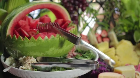 Fruit and Cheese Table CU Stock Footage 73836829