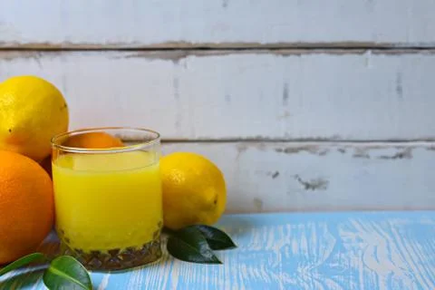Fruit and juice on the table Stock Photos