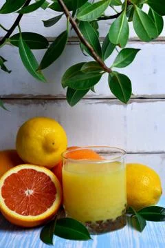 Fruit and juice on the table Stock Photos
