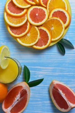 Fruit and juice on the table Stock Photos