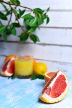 Fruit and juice on the table Stock Photos