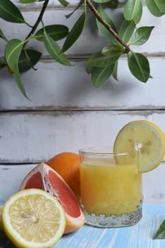 Fruit and juice on the table Stock Photos