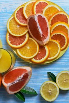 Fruit and juice on the table Stock Photos