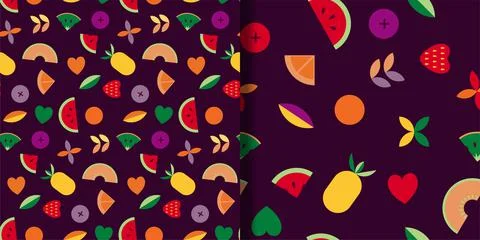 Fruit and leaves abstract vector seamless patterns set. Stock Illustration