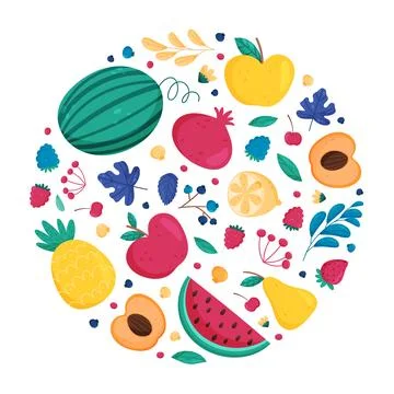 Fruit and Leaves Round Composition Design with Sweet Plant Vector Template Stock Illustration