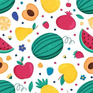 Fruit and Leaves Seamless Pattern Design with Sweet Plant Vector Template Stock Illustration